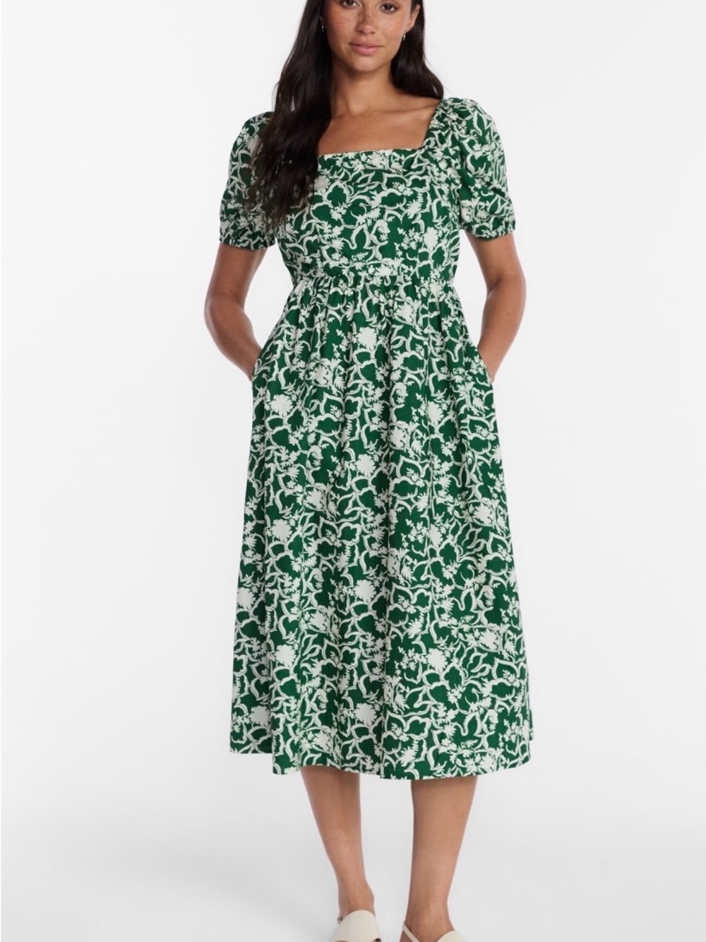 Time and Tru Women’s Cotton Back Tie Midi Dress w/ Short Puff Sleeves